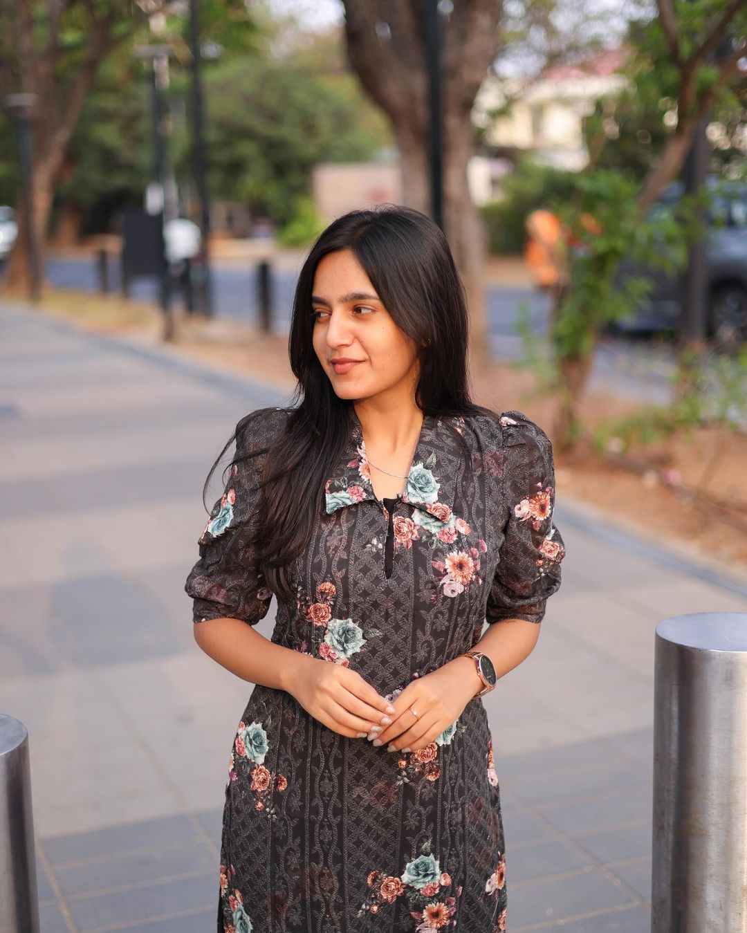 Black floral Georgette top with puff sleeve - Studio Thari
